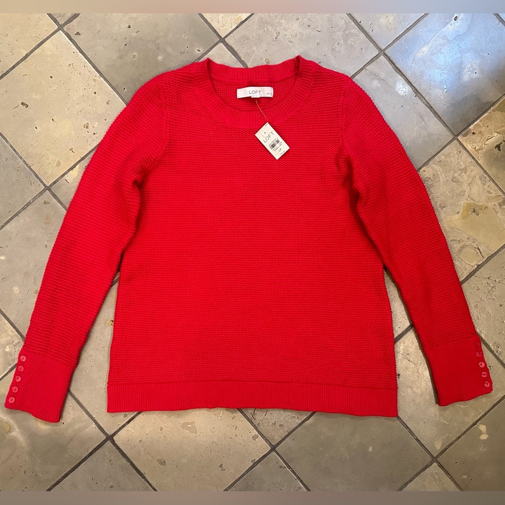 Ann Taylor Loft Red Crew Neck Button Sleeve Sweater - Large Petite - New